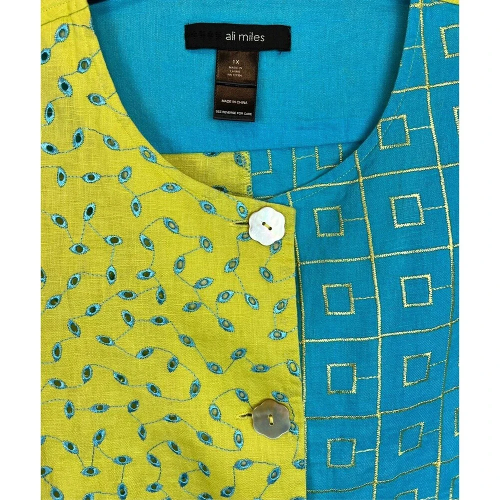 Ali Miles Vintage Turquoise & Lime Linen Lagenlook Shacket Jacket Top Size 1X